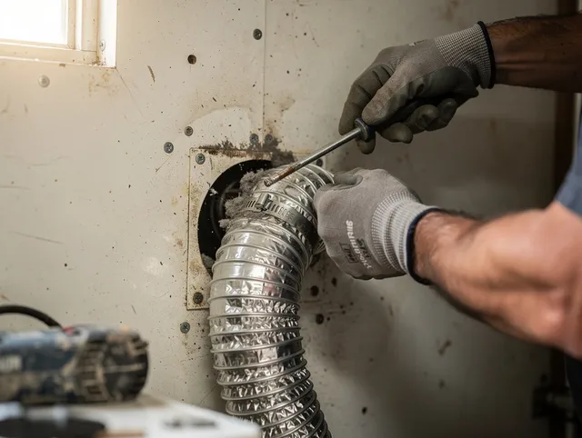 Seal Beach Dryer Vent Cleaning technician performing precise dryer vent hose installation in Seal Beach